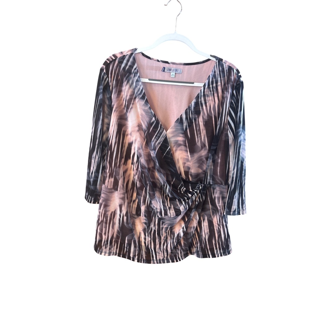 Jennifer Lopez Womens 2X Abstract Print Surplice Draped Blouse 3/4 Sleeve Pink